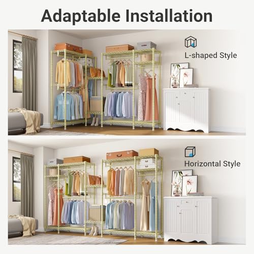 VIPEK V2 Heavy Duty Clothes Rack, Metal Closet Rack Organizer, Gold | Garment Racks with 4 Tiers Wire Shelving 3 Hanging Rods, Compact Freestanding Closet Metal Closet Rack, Max Load 700LBS - color: Gold, style: V2