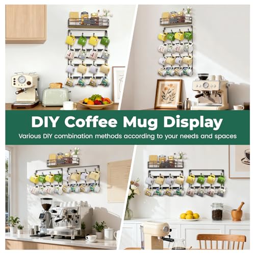 EsLuker.ly Coffee Mug Holder Wall Mounted Display Rack, Black | Metal Cup Hanger Organizer with16 Hooks, Wood Rustic Shelf for Coffee Bar Home Kitchen, Space Saving Wall Storage - style: 16 Hooks with Metal Basket