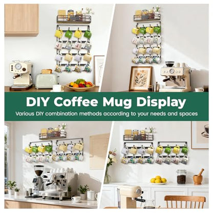 EsLuker.ly Coffee Mug Holder Wall Mounted Display Rack, Black | Metal Cup Hanger Organizer with16 Hooks, Wood Rustic Shelf for Coffee Bar Home Kitchen, Space Saving Wall Storage - style: 16 Hooks with Metal Basket