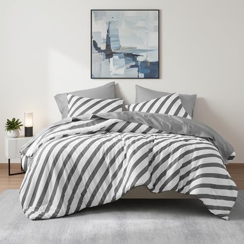Reversible Striped Full Comforter Set-Bed in A Bag 7-Pieces Bedding Set with Double-sided Stripes Design-Warm & Cozy Bed Set Includes Full Size Comforter, Sheets Set, Pillowcases and Shams, Charcoal - color: Charcoal, size: Full