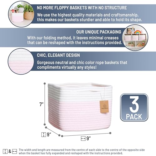 NaturalCozy Storage Cubes 9”x9”x7”Cotton Rope Woven Baskets for Organizing 3-Pack | 9 Inch Cube Storage Bin | Small Basket for Shelf Nursery, Pantry, Decorative Plant, Bathroom Closet, Toy Gift - color: Off White & Mixed Pink