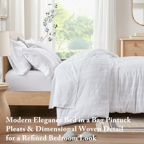 Madison Park Essentials Striped Comforter Set Cal King, 7 Pieces Modern Minimalist Jacquard Bedding Set for All Season, Bed in A Bag with Sheet Set and Soft Brushed Reverse, Lightweight White - color: White, size: California King