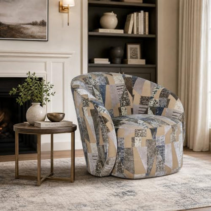 34" Upholstered Swivel Barrel Accent Chair, 360 Swivel Armchair with Metal Base, Comfy Foam Padded Seat for Living Room Bedroom Dressing Room, 350 lbs Weight Capacity (KJ-09218C- MHK) - color: Kj-09218c- Mhk