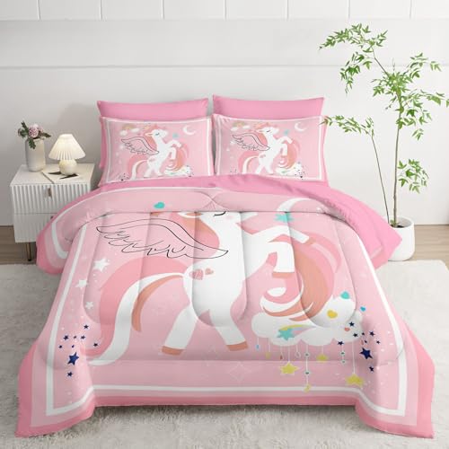 7Pcs Comforter Set Cartoon Pink Unicorn Printed Bedding Set with 1 Comforter,1 Flat Sheet,1 Fitted Sheet and 4 Pillowcases for Boys and Girls Bedroom All Season(Twin) - color: Cartoon Pink Unicorn, size: Twin 68x86inches