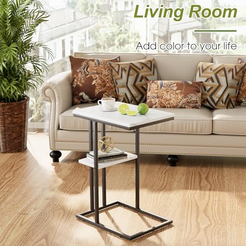 C Shaped End Side Table, Couch Sofa Table for Small Space, Black Snack Table with Metal Frame, TV Tray Table for Bed, Living Room, Bedroom, Bedside(White Marble) - color: White Marble+black