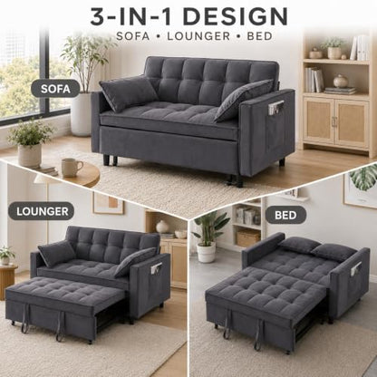 3 In 1 Velvet Convertible Sofa Bed, Pull Out Couch Bed with Reclining Backrest And 2 Pillows, 54" Full Size Loveseat Sleeper Sofa Futon Couch Bed, Couches For Small Spaces, Living Room (Grey) - color: Grey
