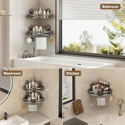 Corner Shower Caddy Suction Cup, 2 Pack Shower Shelves No Drilling, Showers Organizer Storage with Towel Bar & Removable Hooks, Bathroom Shower Shelf Rack for Inside Showers