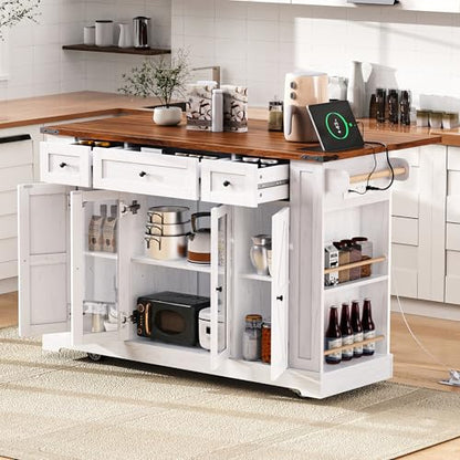 53'' Farmhouse Kitchen Island with Drop Leaf, Power Outlet,Tempered Glass Cabinet Doors,Rolling Kitchen Cart on Wheels for Dining Room or Living Room (White/P) - color: White/P)