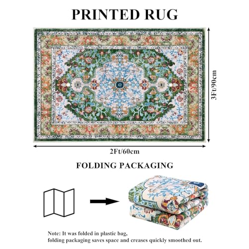 U'Artlines Washable Boho Area Rug, 2x3 Small Green Mat | Non Slip, Vintage, Soft Doormat for Indoor Front Door, Carpet for Entryway Kitchen Bathroom Bedroom - color: Green, size: 2' x 3' (Runner)