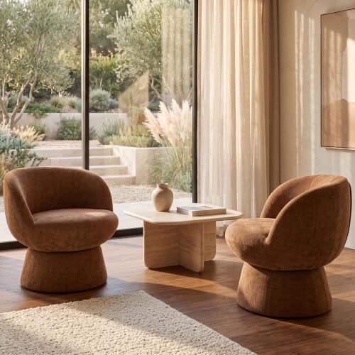 Brown Chenille Swivel Barrel Chairs Set of 2 | 360° Smooth Swivel & Curved Back Comfort Modern Seating for Small Spaces - color: Brown, size: 2 Chairs