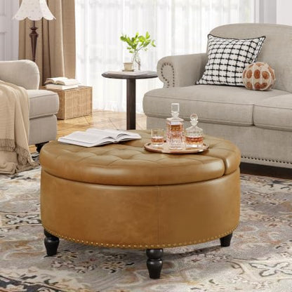 FiveWillowise 30 Inch Large Round Ottoman with Storage Circular,Camle | Leather Coffee Table with Lift Top,Modern Upholstered Button Tufted Footrest Stool Solid Wood Legs for Living Room,Bedroom - color: Camle