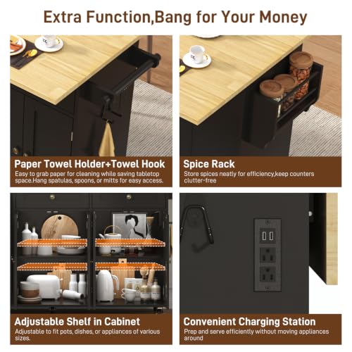 67" Large Movable Kitchen Island w/Sliding Drop Leaf,Power Outlet, Kitchen Rolling Island Cart w/ 2 Drawers, Island Table on Wheels w/Trash Storage Cabinet,Spice Rack, Towel Bar,Garage Hook, Black - color: Black, size: 17.7"D x 66.9"W x 35.8"H