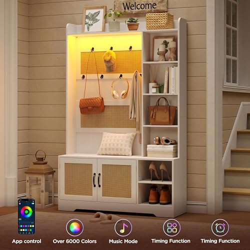 Maupvit 67" H Boho Rattan Hall Tree with LED Light, 4-in-1 Entryway Shoe Cabinet with Coat Rack, Cushioned Bench & Hidden Storage, Freestanding Mudroom Bench with Hooks & Shelves for Hallway, Foyer