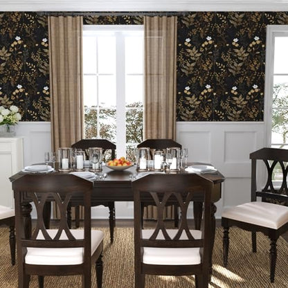 Black Floral Wallpaper Peel and Stick Wallpaper Leaf Wallpapers Gold Leaf Contact Paper for Cabinets Waterproof Self Adhesive Wall Paper for Kitchen Countertop Wall 17.5" x 393" | Waterproof Vinyl Self Adhesive Removable Renter Friendly Floral Contact Pap