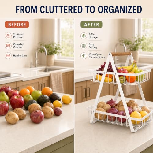 mahueeol 2-Tier Countertop Fruit Basket with Wooden Handle, Detachable | Detachable metal baskets with wooden handle for fruits, vegetables, bread and snacks in kitchens, pantries or dining rooms - color: White