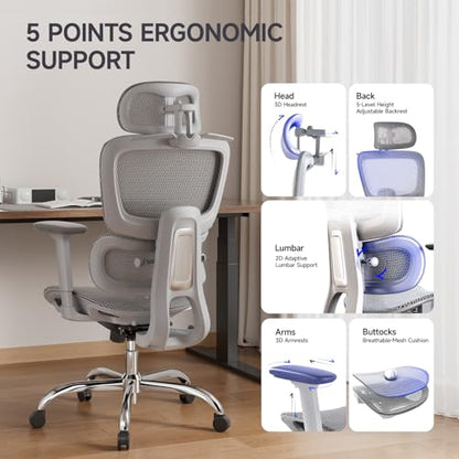 Ergonomic Office Chair with 3D Headrest, Computer Chair with Adjustable Backrest & 3D Armrest, Gaming Chair with Adaptive Lumbar Support, Mesh Backrest & Cushion, Grey - color: Grey, style: Eco