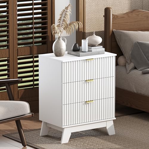 White Night Stand with 3 Drawers, Bedside Table & End Table, 24" Wide Mid Century Modern Fluted Wood Nightstand with Metal Handles, Farmhouse Night Stands for Bedroom - color: White, style: 3 Drawers