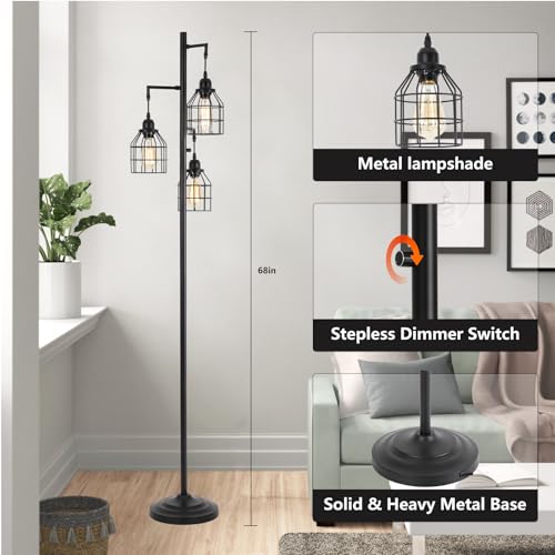 9MMML Floor Lamp for Living Room, Farmhouse Industrial Dimmable Floor lamp,3 Lights Metal Cage Tree Standing Lamp,68", 3Pcs Led Bulbs Included - color: Black B