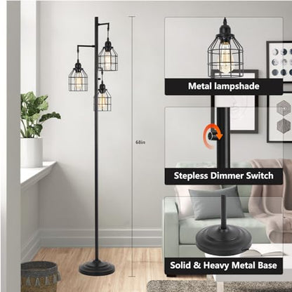 9MMML Floor Lamp for Living Room, Farmhouse Industrial Dimmable Floor lamp,3 Lights Metal Cage Tree Standing Lamp,68", 3Pcs Led Bulbs Included - color: Black B