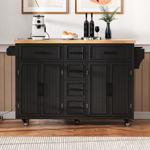56.5'' Kitchen Island with Drop Leaf, Power Outlet, Embossed Vertical Stripe Rolling Kitchen Cart on Wheels with Deep Drawers and Adjustable Shelves (Black/D) - color: Black/D)