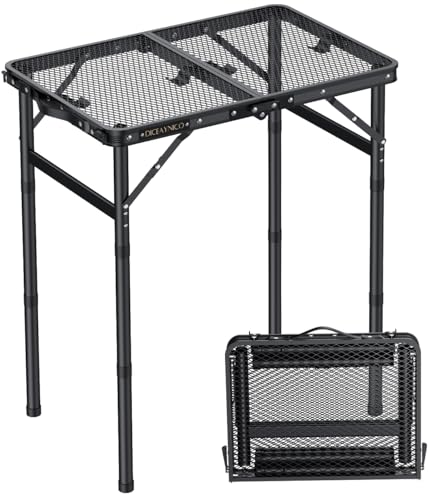 Folding Camping Table, 22.8"x15.7" Picnic Table, 3 Adjustable Height | 2-Fold Mesh Black Aluminum, Handle for Party Dining Garden Patio, Max 27.5" Folding Table