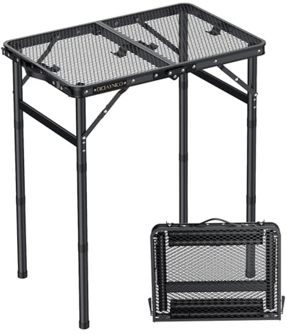 Folding Camping Table, 22.8"x15.7" Picnic Table, 3 Adjustable Height | 2-Fold Mesh Black Aluminum, Handle for Party Dining Garden Patio, Max 27.5" Folding Table