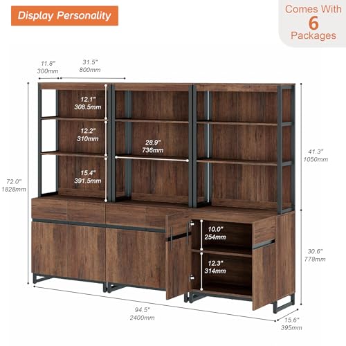 WAMPAT 3 PCS Modern 72" Tall Bookshelf with Metal Base and Adjustable Shelves, Library Bookcase with Storage Cabinet and Open Book Shelfs, Wood Bookshelves for Home Office, Living Room, Brown - color: Brown-a, size: 3 PCS