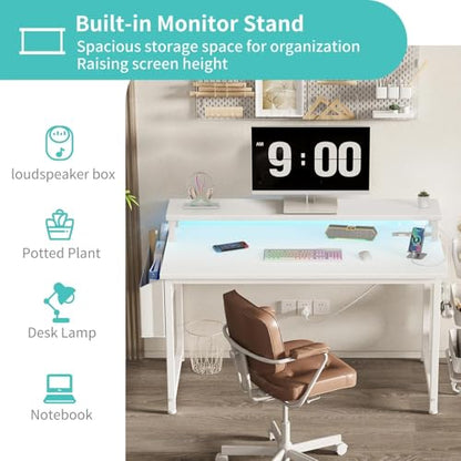 Lufeiya Small White Desk with LED Lights and Power Outlets, 32 Inch Home Office Computer Desks with Monitor Stand, Teen Writing Study Table Gaming Desk with Charging Station, White - color: White, size: 31.5"