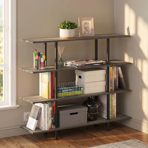 4-Tier Accent Display Shelf, Toolless Open Shelves, Round Tubes Storage Shelves, Book Shelf for Organization and Storage, Garage, Home Office, Living Room, French Oak - color: French Oak/Black, size: 4 Tier