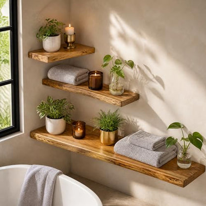 Dreamland Floating Shelves 24 Inch Long, Rustic Solid Elm Wood Live Edge Floating Shelf Wall Mounted, Wall Shelves Set of 2 with Invisible Bracket for Living Room Bathroom Kitchen, Natural - color: Natural, size: Live Edge - 24"L