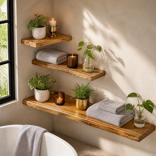 Dreamland 36 Inch Long Floating Shelves Set of 2, Rustic Solid Elm Wood Live Edge Floating Shelf Wall Mounted, 8 Inch Deep Wooden Wall Shelves for Living Room, Bedroom, Bathroom, Kitchen, Natural - color: Natural, size: Live Edge - 36"L