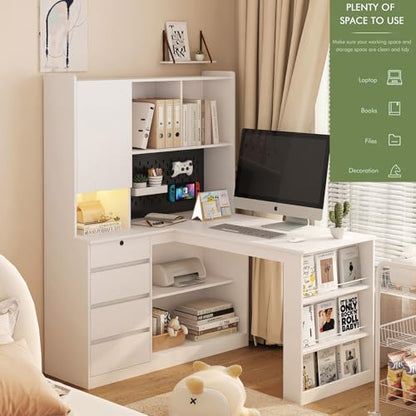 KEIKI L Shaped Home Office Desks with LED Light, Pegboard, Hutch, Drawers, Bookshelf & Storage Shelves, Modern Wooden Gaming Computer Corner Table for Work, Study, Writing