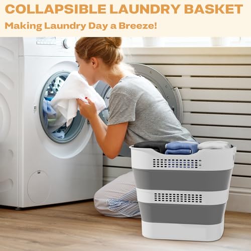 OOAMBB 43L(11.5Gallon) Collapsible Plastic Laundry Basket (Grey,1 Pack) | Foldable Laundry Basket with Handle,Pop Up Tall Storage Container/Organizer/Clothes Hamper for Laundry