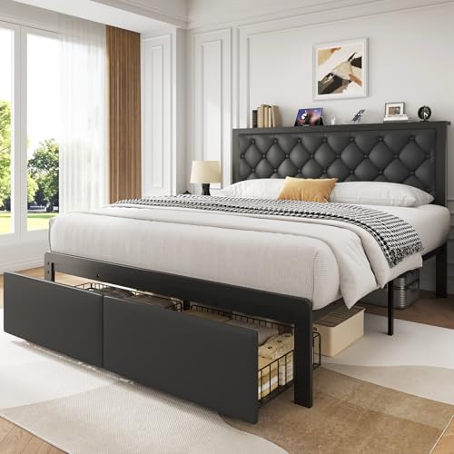 PHGLL Queen Bed Frame with Upholstered Headboard and 2 Storage Drawers, Platform Bed Frame with Charging Station, All Metal Structure, Noise Free, No Box Spring Needed, Black - color: Black, size: Queen
