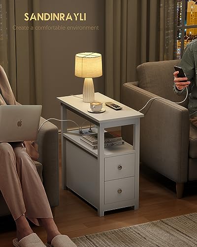 End Table with Charging Station, Side Table with 2 Drawer & USB Ports & Power Outlets, Nightstand for Small Spaces, Bedside Tables for Living Room White - color: White