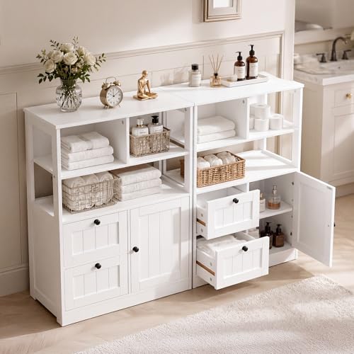 GRUSIGN Bathroom Storage Cabinet with Door and Drawers, Small Freestanding Bathroom Cabinet Organizer, Farmhouse Wooden Cupboard with Adjustable Shelves for Kitchen, Living Room, White - size: 34"H with Drawers