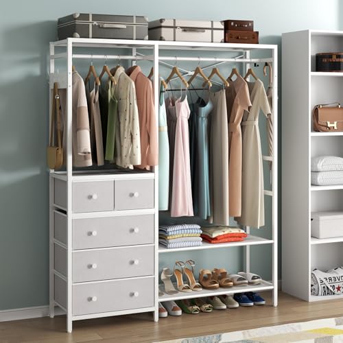 Freestanding Clothes Rack with 5 Drawers & 4 Storage Shelves,2 Hanging Rods | 59.1" W*70.9" H Heavy Duty Clothing Rack, Wardrobe Closet Organizer System with 5 Hooks, Garment Rack (White) - color: White