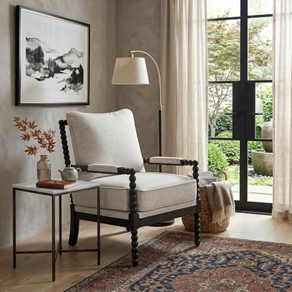 DUHOME Linen Fabric Spindle Accent Chairs Set of 2,Bobbin Chair with High Resilience Spring Cushion and Armrest Pads, Leisure Armchair for Living Room Bedroom Farmhouse Home Office Belcony - color: Black+cream, size: 2 pcs