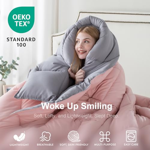 KASENTEX Queen Comforter Set – Reversible Dual Color – Goose Down Alternative – Ultra-Soft, Lightweight, Machine Washable, Maintain Fluffiness, All Season Warmth (Pink Potpourri/Quartz Silver) | 250 GSM Fill, Ultra-Soft, Lightweight, Machine Washable, 1 C