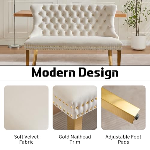 Beige Velvet Dining Bench with Back, Tufted Banquette Seating, Gold Legs | Upholstered loveseat bench; tufted back; nailhead trim; 500 lb capacity; foam and spring seat; dining room or entryway - color: Beige(gold Stainless Steel Legs)