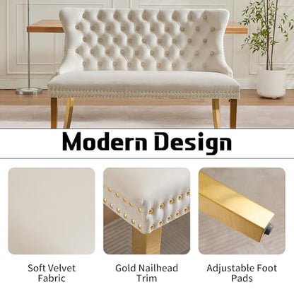 Beige Velvet Dining Bench with Back, Tufted Banquette Seating, Gold Legs | Upholstered loveseat bench; tufted back; nailhead trim; 500 lb capacity; foam and spring seat; dining room or entryway - color: Beige(gold Stainless Steel Legs)