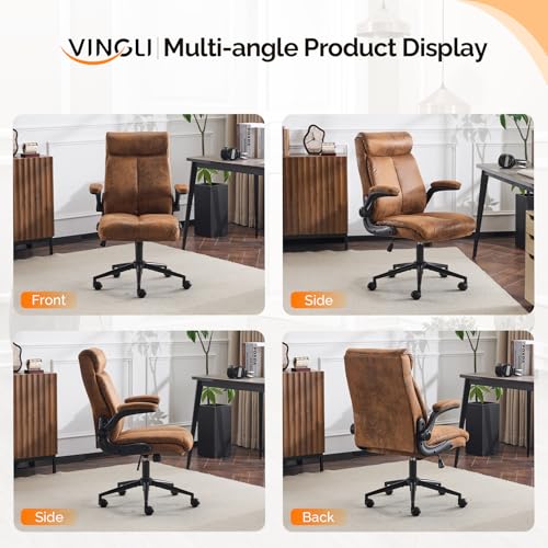VINGLI Microfiber Brown Rolling Ergonomic Office Desk Chair with Padded Flip-up Arms, 360°Swivel High Back Executive Computer Chair with Wheels for Game，Home Small Space, Study Room, Reading Room - color: Microfiber-brown