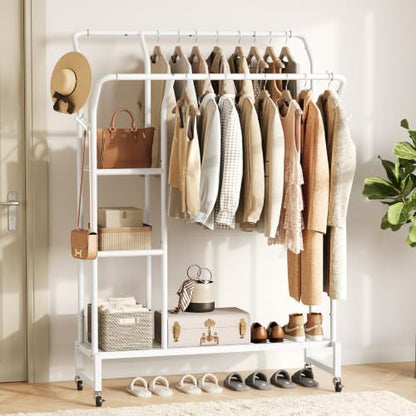 Yoobure Double Rods Clothes Rack - Portable Clothing Rack with Wheels, Rolling Garment Rack with 3-Tier Shelves & 4 Hooks, Freestanding Clothing Racks for Hanging clothes, Coat Rack for Closet Bedroom - color: White