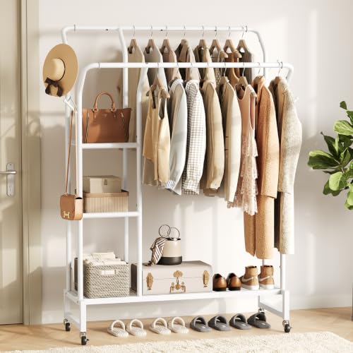 Yoobure Double Rods Clothes Rack - Portable Clothing Rack with Wheels, Rolling Garment Rack with 3-Tier Shelves & 4 Hooks, Freestanding Clothing Racks for Hanging clothes, Coat Rack for Closet Bedroom - color: White