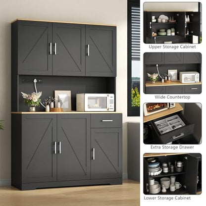 Gyfimoie 71’’ Farmhouse Kitchen Pantry Cabinet, Tall Storage Cabinet with Power Outlet, Freestanding Hutch with Drawer, 4 Adjustable Shelf & 6 Doors for Kitchen Living Room (Black) - color: Black