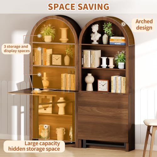 Folding Convertible Writing Table Fold-Out Murphy Desk Computer Desk | Space Saving Arched Foldable Desk Cabinet with Storage,Multi-Function folding table for Small Spaces,Home Office,Bedroom
