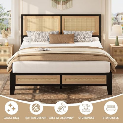 LIKIMIO Full Rattan Bed Frame with Headboard, Boho Metal Platform Bed | Rattan headboard, 650 lb support, metal slats, EVA pads, 9.8-inch underbed clearance, no box spring needed. - size: Full