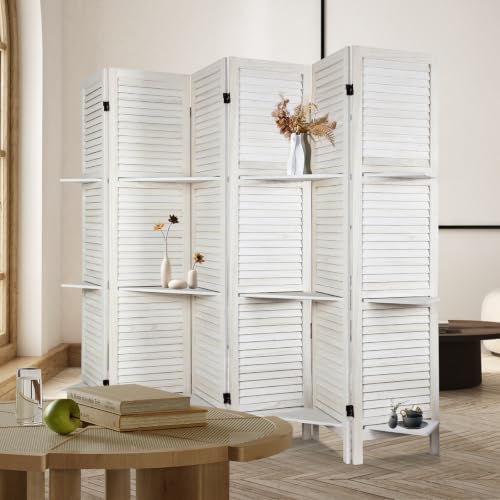 6 Panel Room Divider with Shelves | Freestanding Wooden Louvered Privacy Screen, Built‑in Display Shelves, Foldable Hinges, White - color: White-6 Panel, size: 6 Panel