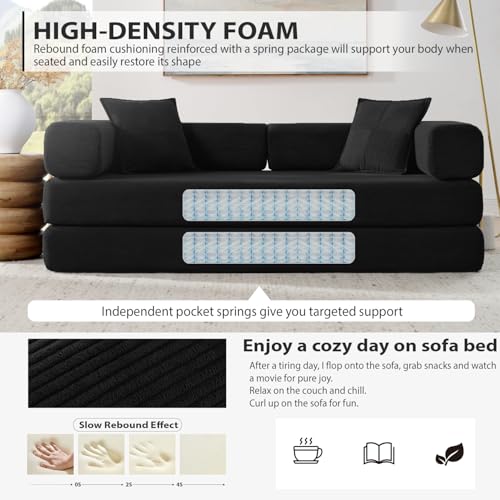 HANXIN 78 Inch Convertible Sleeper Sofa Bed, Folding Floor Mattress Couch with Fixed-Shape Frame, Futon Boneless Couch Lounge Loveseat with Pull Out Bed, No Assembly Required (Black) - color: Black, size: 78" Loveseat Sofa Bed