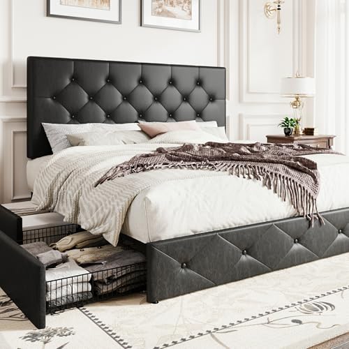 SHA CERLIN Upholstered Queen Size Platform Storage Bed Frame | 4 Storage Drawers, Adjustable Headboard, Faux Leather Diamond Button Tufted, Wooden Slats, No Box Spring Needed, Black - color: Pu Black, size: Queen, style: Modern